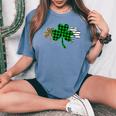 St Patricks Day Clover Plaid Leopard And Stripe Printed Women's Oversized Comfort T-shirt Blue Jean