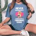 Never Underestimate A Woman With A Yorkshire Terrier Women's Oversized Comfort T-Shirt Blue Jean