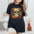 Floral Sugar Skull Day Of Dead Dia De Los Muertos Women's Oversized Comfort T-Shirt Black