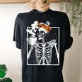 Coffee Drinking Skeleton Diy Halloween Messy Bun Girl Women's Oversized Comfort T-shirt Back Print Black