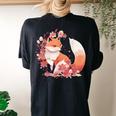 Kawaii Kitsune Fox Mask Japanese Anime Blossom Cherry Flower Women's Oversized Comfort T-shirt Back Print Black