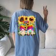 Floral Hippie Sunflower Motif For Women Peace Sign Gnomes Women's Oversized Comfort T-Shirt Back Print Blue Jean
