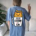 Good Day Starts With Coffee Cat Cute Kitten Girls N Women's Oversized Comfort T-shirt Back Print Blue Jean
