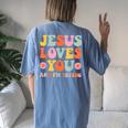 Jesus Loves You And I'm Trying Christian Retro Groovy Women's Oversized Comfort T-shirt Back Print Blue Jean