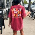 Jesus Loves You And I'm Trying Christian Retro Groovy Women's Oversized Comfort T-shirt Back Print Crimson