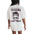 Kinda Busy Being A Teacher And Cat Mom Floral Messy Bun Women's Oversized Comfort T-Shirt Back Print Ivory