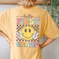 1St Grade Team Back To School Hello First Grade Smile Face Women's Oversized Comfort T-Shirt Back Print Mustard
