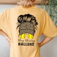 Busy Raising Ballers Softball Mom Bun Leopard Baseball Cap Women's Oversized Comfort T-Shirt Back Print Mustard