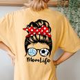 Mom Life Messy Bun Hair Volleyball Soccer Mom Women's Oversized Comfort T-Shirt Back Print Mustard