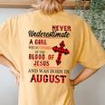 Never Underestimate A Girl Blood Of Jesus August Women's Oversized Comfort T-Shirt Back Print Mustard