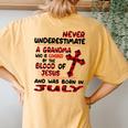 Never Underestimate A Grandma Blood Of Jesus July Women's Oversized Comfort T-Shirt Back Print Mustard