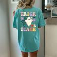 Groovy Teacher Halloween Trick Or Teach Retro Floral Ghost Women's Oversized Comfort T-Shirt Back Print Chalky Mint