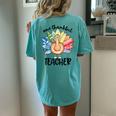 One Thankful Teacher Thanksgiving Turkey Cute Crayon Pencil Women's Oversized Comfort T-Shirt Back Print Chalky Mint