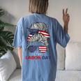 Happy Labor Day For All Workers Messy Bun American Flag Women's Oversized Comfort T-Shirt Back Print Blue Jean