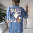 Groovy Teacher Halloween Trick Or Teach Retro Floral Ghost Women's Oversized Comfort T-Shirt Back Print Moss