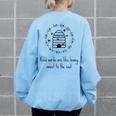 Proverbs 1624 Kind Words Like Honey Hive Bees Bible Verse Women's Oversized Back Print Sweatshirt Light Blue