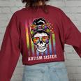 Autism Sister Cool Messy Bun Girl Usa American Flag Vintage For Sister Women's Oversized Sweatshirt Back Print Maroon