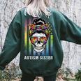 Autism Sister Cool Messy Bun Girl Usa American Flag Vintage For Sister Women's Oversized Sweatshirt Back Print Forest