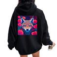Eurasian Lynx Animal Roses Flower Pattern Graphic Women Oversized Hoodie Back Print Black