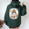 One Thankful Mama Messy Bun Fall Autumn Thanksgiving Women Oversized Hoodie Back Print Forest