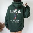 Usa Flag Play Like Girl Volleyball Vintage Patritotic Women Women Oversized Hoodie Back Print Forest