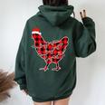 Red Plaid Pajama Chicken Santa Hat Christmas Lights Women Oversized Hoodie Back Print Navy Blue