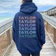 Girl Retro Groovy Taylor First Name Personalized Birthday Women Oversized Hoodie Back Print Navy Blue