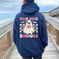 Groovy Read More Books Cute Ghost Boo Halloween Books Lover Women Oversized Hoodie Back Print Navy Blue