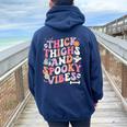 Groovy Thick Thighs Spooky Vibes Ghost Halloween Women Oversized Hoodie Back Print Navy Blue