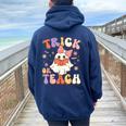 Halloween Teacher Trick Or Teach Groovy Floral Ghost Teacher Women Oversized Hoodie Back Print Navy Blue