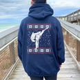 Karate Girl Ugly Christmas Sweater Martial Arts Fighter Women Oversized Hoodie Back Print Navy Blue