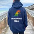 Lesbosaurus Rex Dinosaur In Rainbow Flag For Lesbian Pride Women Oversized Hoodie Back Print Navy Blue