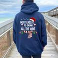 Most Likely To Drink All The Wine Family Christmas Pajamas Women Oversized Hoodie Back Print Navy Blue