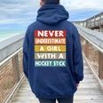 Never Underestimate A Girl With A Hockey Stick Women Oversized Hoodie Back Print Navy Blue