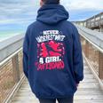 Never Underestimate A Girl With A Skateboard Women Oversized Hoodie Back Print Navy Blue
