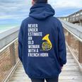 Never Underestimate An Old Woman With A French Horn Women Oversized Hoodie Back Print Navy Blue