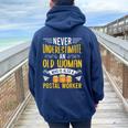 Never Underestimate An Old Woman Also A Postal Worker Women Oversized Hoodie Back Print Navy Blue