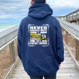 Never Underestimate Woman Courage And Her Basset Hound Women Oversized Hoodie Back Print Navy Blue