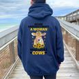 Never Underestimate A Woman Who Loves Cows Farming Lover Women Oversized Hoodie Back Print Navy Blue