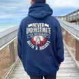 Never Underestimate A Woman With A Rosary Prayer Catholic Women Oversized Hoodie Back Print Navy Blue