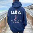 Usa Flag Play Like Girl Volleyball Vintage Patritotic Women Women Oversized Hoodie Back Print Navy Blue
