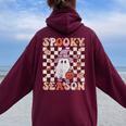 Groovy Spooky Season Cute Ghost Pumpkin Halloween Retro Women Oversized Hoodie Back Print Maroon