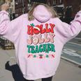 Groovy Retro Holly Xmas Jolly Teacher Christmas Vibes Hippie Women Oversized Hoodie Back Print Light Pink
