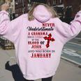 January Never Underestimate A Grandma Covered By The Blood Women Oversized Hoodie Back Print Light Pink