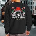 Most Likely To Crash Santa's Sleigh Christmas Joke Sweatshirt Back Print