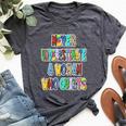 Never Underestimate A Woman Who Quilts Patchwork Letters Bella Canvas T-shirt Heather Dark Grey
