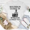 Bourbon Goes In Wisdom Comes Out Drinking T-Shirt Funny Gifts