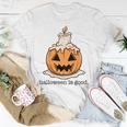 Halloween Is Good And Life Spooky Pumpkin Candle Halloween T-Shirt Unique Gifts