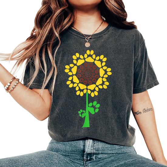 Puppy Paw Shirts for Women Casual Summer Sunflower Graphic Tees