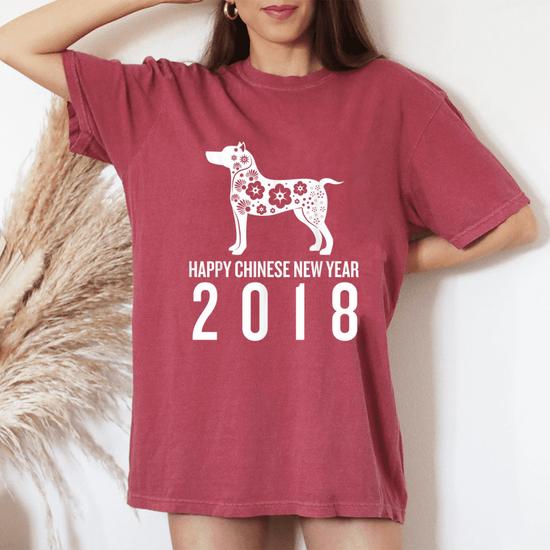 Happy Chinese New Year 2018 Dog Graphic Floral Women's Oversized